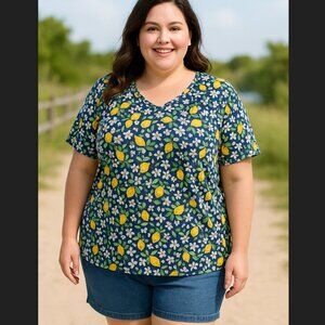 Croft & Barrow Classic Tee Women 2X Short Sleeve Blue Cotton Lemons Floral Shirt